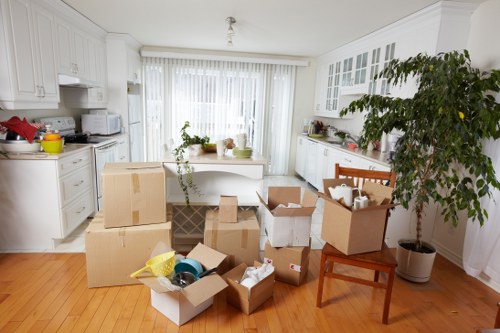 Professional removal team loading household items into a van