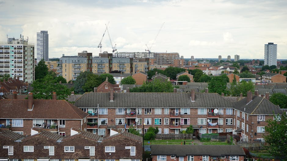 A wide aerial view of a residential area in South Tottenham showing multiple rows of brown brick houses with small balconies and chimneys on the roofs, surrounded by green trees. In the background, there are taller modern apartment buildings and construction cranes indicating ongoing development. The scene captures the outdoor environment where furniture, boxes, and packed belongings might be prepared for a house removal or relocation as part of the home moving process supported by companies like Man with Van South Tottenham, which specialises in removals and furniture transport services.