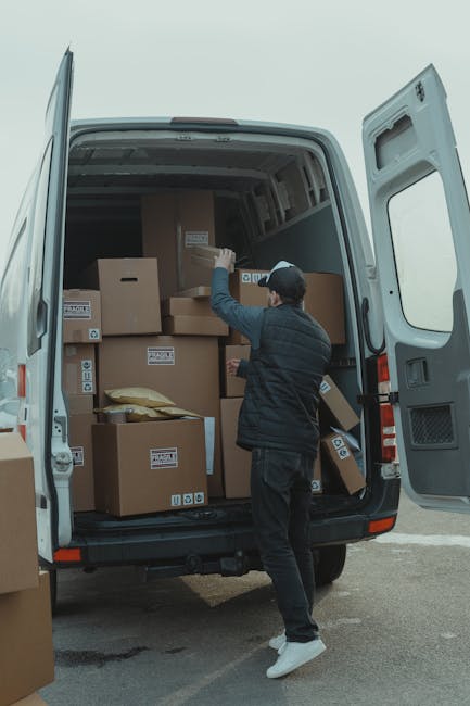 A man with a beard and wearing a white polo shirt and a black cap is standing outdoors next to an open van, holding a cardboard box prepared for a home relocation. The van’s interior is partially vi
